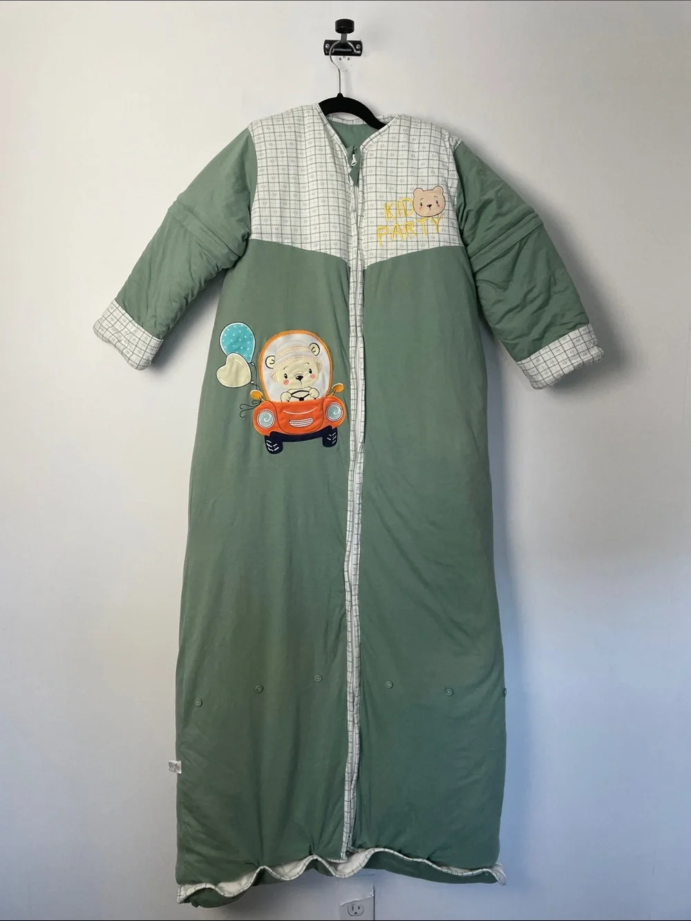 Baby Kids Sleep Bag Sack Removable Zip Arms Sage Green with Bear Car Graphic